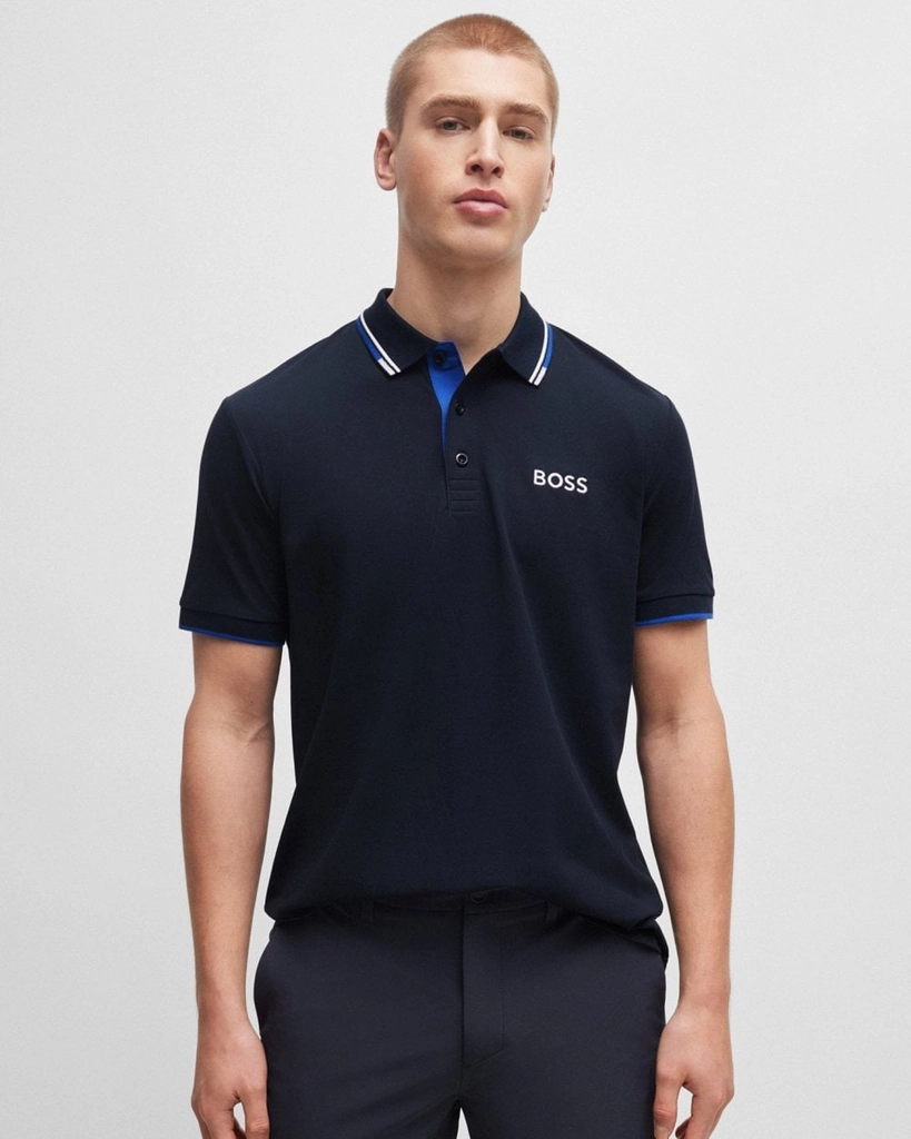 Hugo Boss Paddy Pro Mens Cotton Blend Polo Shirt With Contrast Logos NOS - Dark Blue - Size X-Large